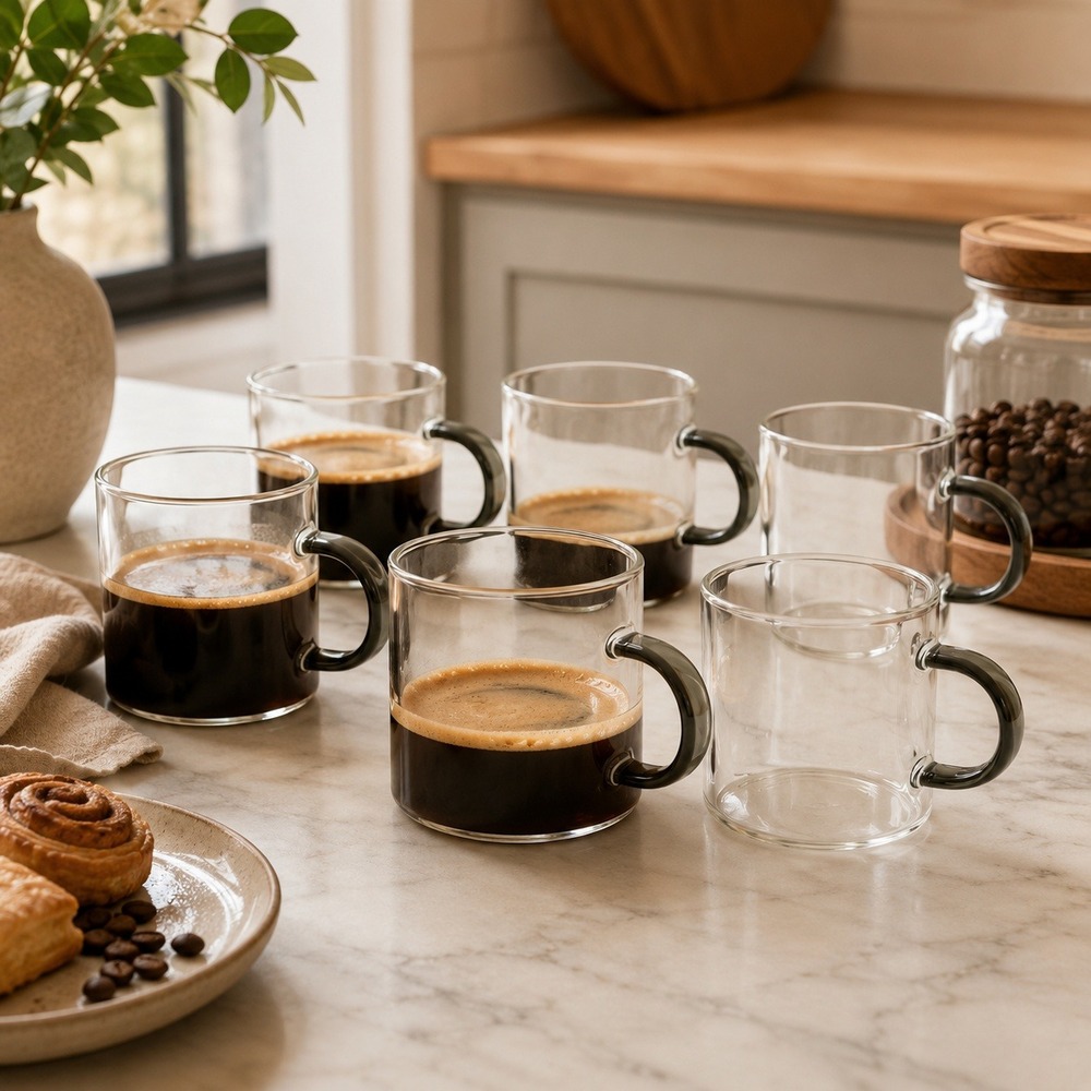 Set of 6‎ Clear Glass Espresso Cups with Gray Handles Modern Coffee Tea Mugs